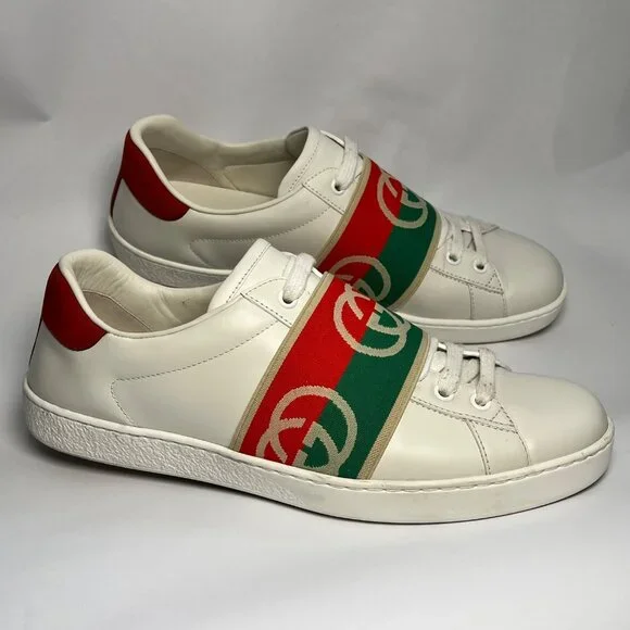 Authentic Gucci Ace White Leather Sneakers  Red & Green Logo Band Mens Size  7.5 - Picture 2 of 9
